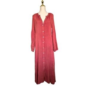 Natura Viscose Maxi Dress Small Red Boho Button Front Eyelet Detail